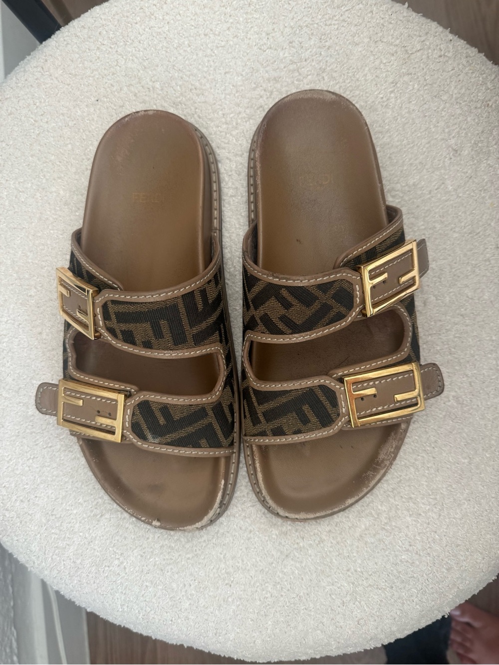 Fendi Brown and Black Logo Double-Strap Buckle Slides - Picture 1 of 5